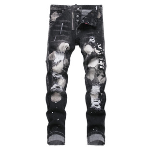 美式高端轻奢假破洞牛仔裤男款乞丐裤黑色高街痞帅弹力修身小脚裤