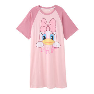 夏季纯棉短袖睡裙女士大码宽松薄款可爱卡通唐老鸭中长款夏天睡衣