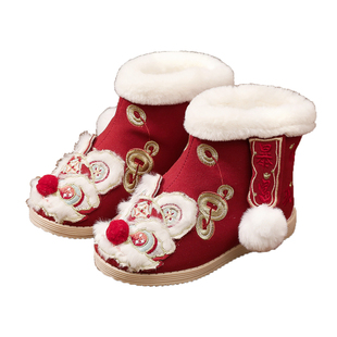 汉服鞋女童冬季加绒2025新款雪地靴子儿童绣花棉鞋古风宝宝拜年鞋