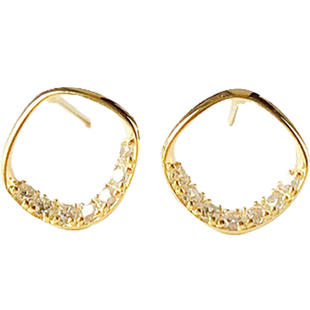 P.Love几何方形镶钻耳钉玫瑰金通体纯银气质耳环小众耳饰精致镂空