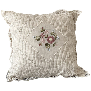 法式乡村手工中式抱枕套小雏菊丝带绣本色网扣靠垫套棉麻