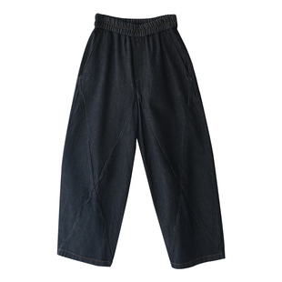 N50081 文艺松紧腰立体剪裁加绒宽腿灯笼大版牛仔裤女冬 米兰宣言