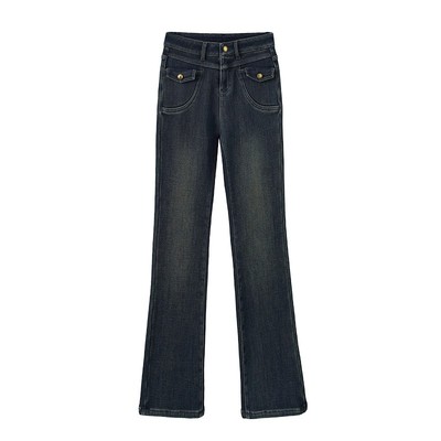 水泥灰微喇牛仔裤女新款加绒松紧腰大码九分小个子复古显瘦喇叭裤