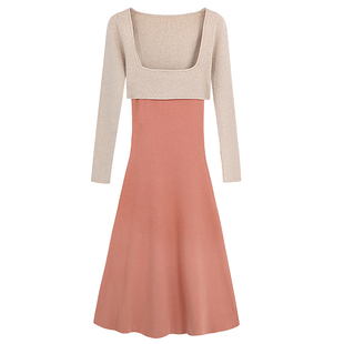 GEMQI 法式优雅粉色吊带连衣裙女秋冬长袖裹胸a字针织长裙两件套
