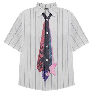 ins美式复古学院风领带条纹衬衫男女夏季vintage休闲日系短袖上衣