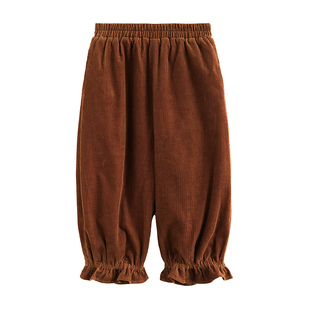 砚台家女童加绒裤子灯芯绒束脚裤冬装新款加厚一体绒荷叶边灯笼裤