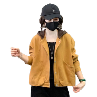 短款拼色连帽外套女春秋文艺复古大口袋宽松休闲显瘦百搭开衫上衣