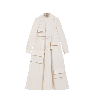 M0321原创2021秋季复古纯色通勤米白色多口袋立领系带半身连衣裙