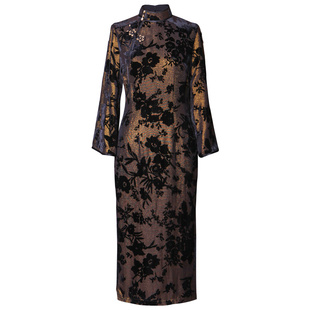 蝶恋花之流溢 旗袍春秋款复古长袖真丝烂花绒崔万志旗袍连衣裙女