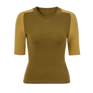 马天奴2025冬季新款哈瓜绿拼色圆领修身针织衫小衫上衣短袖气质女