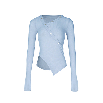 ABMY 加州少女 长袖T恤女V领不规则修身百搭显瘦设计感针织上衣