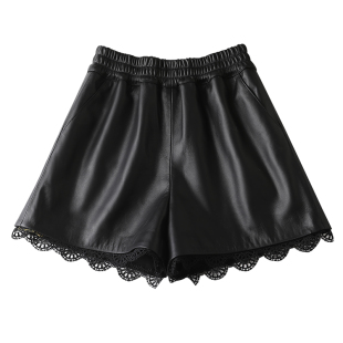 绵羊皮真皮皮短裤女新款秋冬a字阔腿裤高腰蕾丝外穿松紧腰皮靴裤