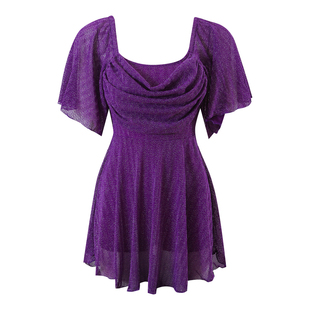 新款保守风格方领短袖大码连体泳衣女胖mm紫色裙式遮肚显瘦高级感