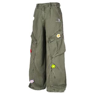 SREK美式复古花朵刺绣伞兵工装牛仔裤男女秋冬季高街垂感阔腿裤子