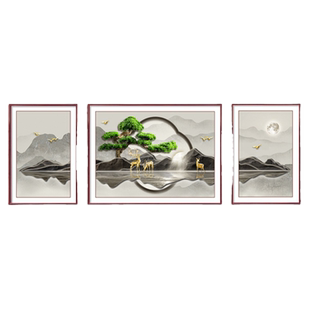迎客松客厅装饰画新中式沙发背景墙挂画山水禅意茶室横版三联壁画