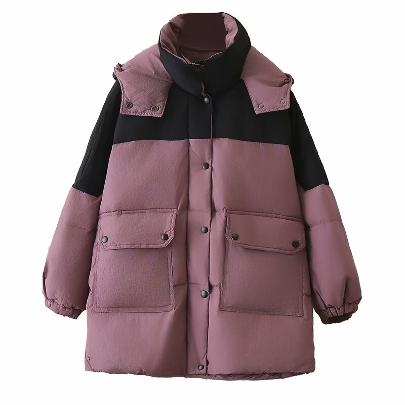 中长款连帽大码撞色白鸭绒羽绒服