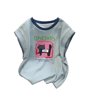 夏季小飞袖条纹美式短袖t恤女2026新款爆款大码设计感显瘦上衣女