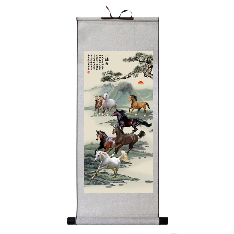 八骏图挂画玄关装饰画竖版过道马到成功油画万马奔腾挂画客厅国画