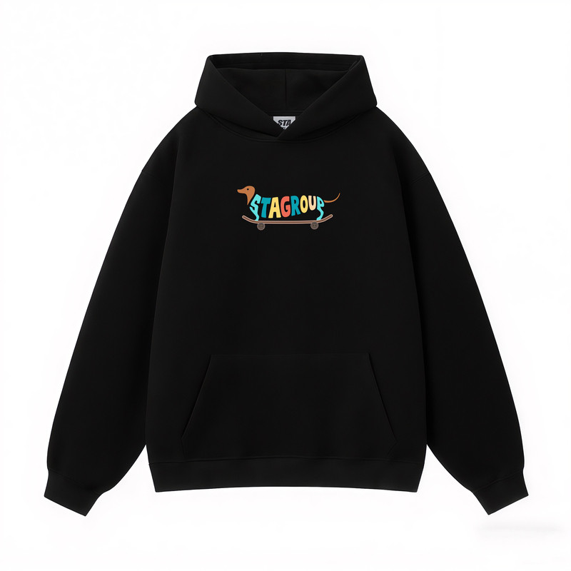 STA旗舰店美式趣味滑板小狗印花连帽卫衣男女秋冬季黑色情侣外套