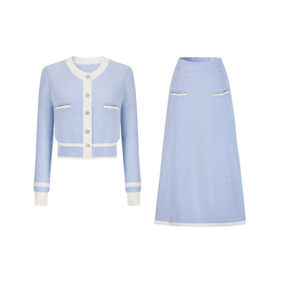 CHICHY蓝色小香风针织开衫半裙
