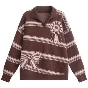 UNIFREE翻领毛衣女条纹撞色蝴蝶结宽松落肩加厚v领复古上衣