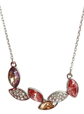 铜镀白金项链多彩宝石柳叶型吊坠