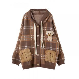 宝诗黎连帽格子针织外套2026早春减龄慵懒百搭休闲宽松大码女装