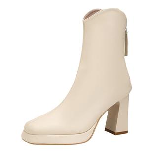 宇凡法式白色高跟短靴女冬加绒粗跟2025新款小个子厚底增高瘦瘦靴