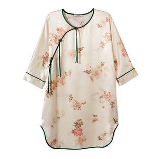 女士春夏新中式桑蚕丝睡衣睡裙真丝家居服中袖中国风印花旗袍素雅