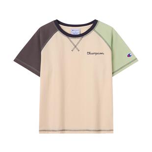 [凉感]Champion冠军26夏季男女童装复古学院休闲拼接撞色短袖T恤