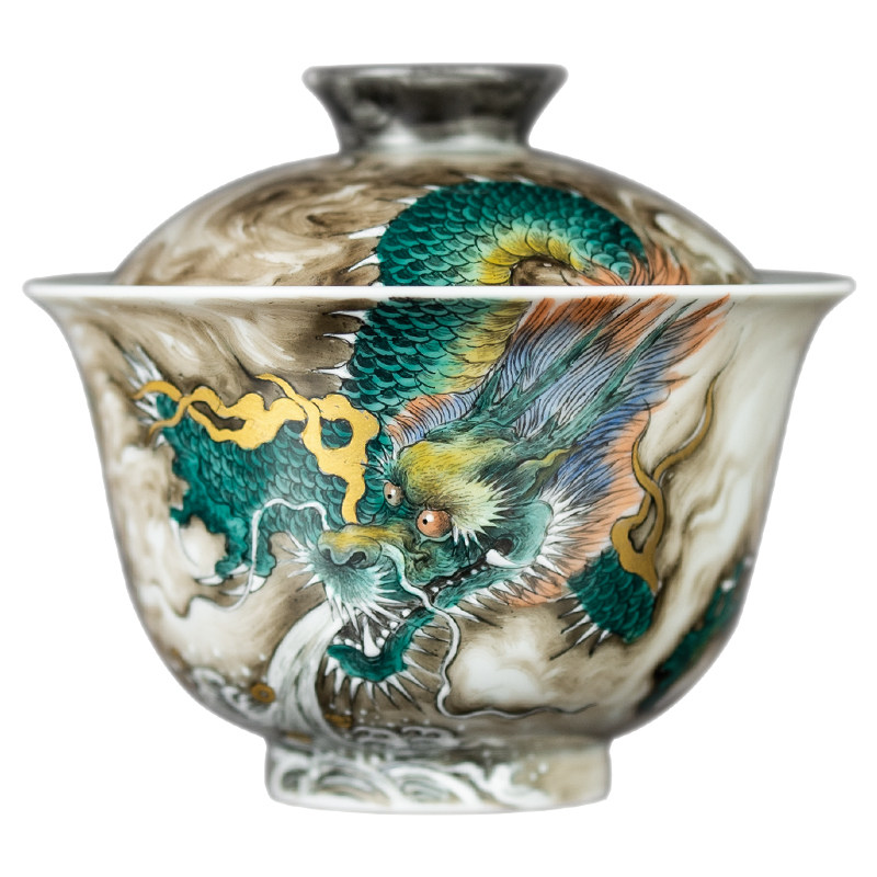 仿古粉彩系列青龙墨龙描金盖碗
