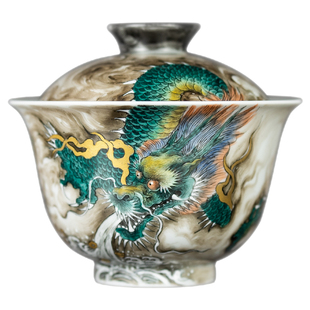 圣山仿古陶瓷粉彩盖碗手绘墨龙盖碗茶杯中式陶瓷茶具套组盖碗茶杯