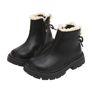 儿童薄绒皮鞋女童二棉冬季马丁靴2025新款小女孩真皮加绒棉靴秋冬