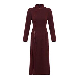 黛玛诗显瘦花裙子秋冬新中式红色格纹改良旗袍连衣裙女吊坠