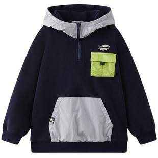 【蓄暖】MQD童装男童加绒卫衣2025冬季新款儿童连帽拼接撞色上衣