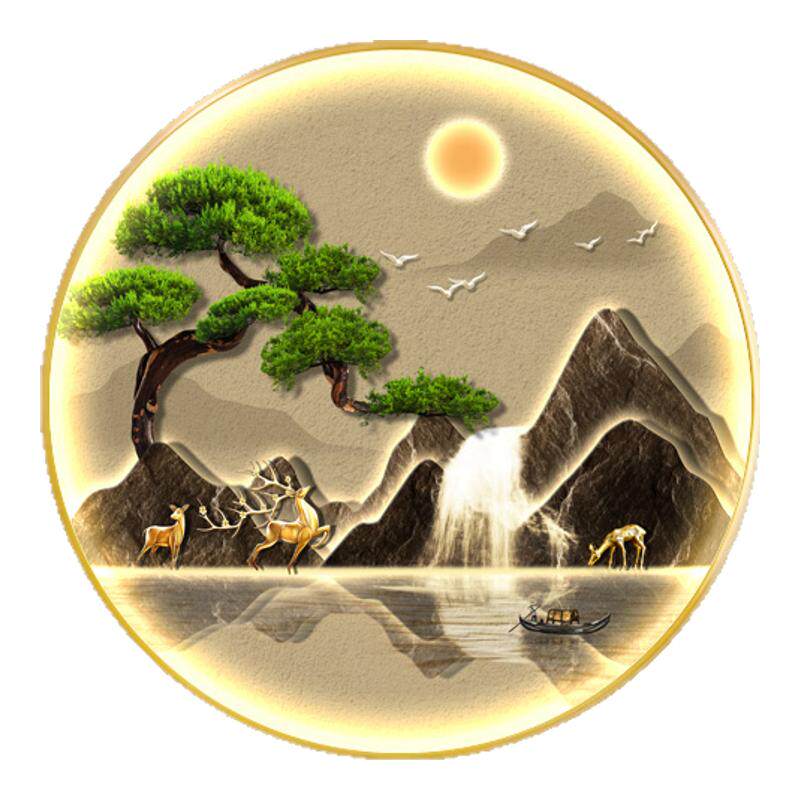 新中式入户进门圆形玄关装饰画