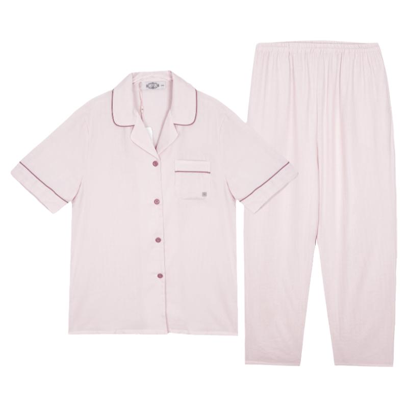 美標(biāo)官方旗艦店夏女士短袖長(zhǎng)褲睡衣套裝純棉開衫寬松家居服可外穿