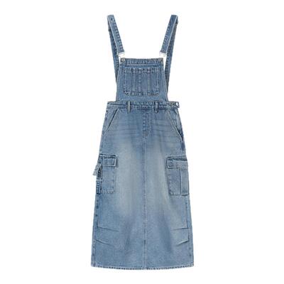 innplanet复古收腰背带牛仔裙