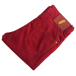 高端时尚炫彩酒红色灯芯绒平绒休闲长裤子男秋冬欧版修身小脚裤潮