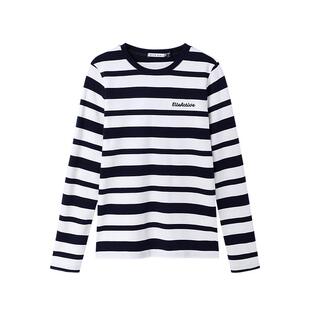 ELLE Active红色条纹长袖t恤女纯棉打底衫春秋内搭上衣可外穿时尚