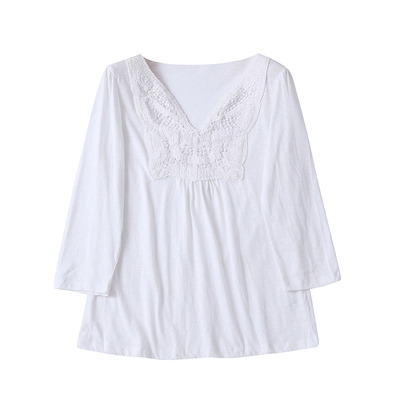 全棉T恤 夏秋新款外贸女装时尚V领套头八分袖内搭外穿花边拼32719