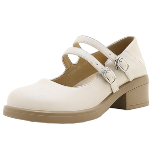 PM厚底玛丽珍女鞋2025秋新款法式白色日系单鞋粗跟软底中跟小皮鞋