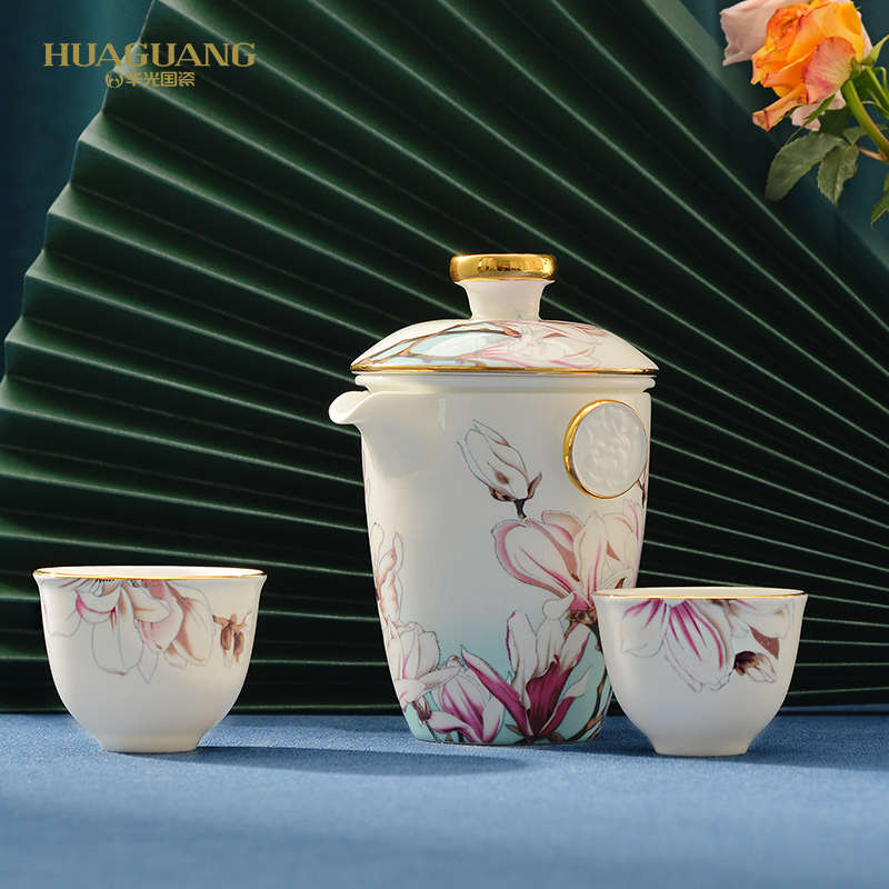 华光国瓷 骨瓷便携式旅行茶具套装一壶二茶杯新年送礼礼盒装 芳华