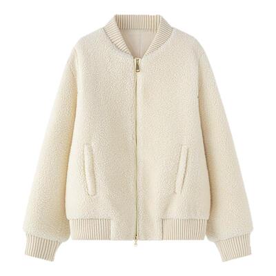 100%羊羔毛白色休闲短外套女