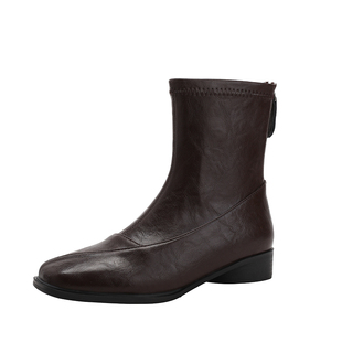 羊皮版~方头短靴女2025新款秋冬复古风美拉德气质内增高瘦瘦靴子