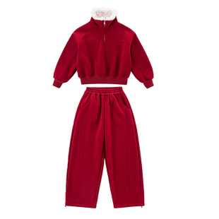 女童加绒加厚红色休闲套装冬季保暖两件套中大童韩版时髦女大儿童