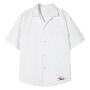 PSO Brand男装女装斜纹梭织重影LOGO刺绣白色衬衫男宽松短袖衬衣