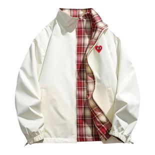 查尔斯桃心 拼色格子双面穿立领运动夹克男女春秋季防风情侣外套