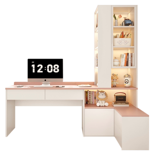 儿童房公主风转角书架书桌一体家用卧室小户型电脑桌床头柜子定制