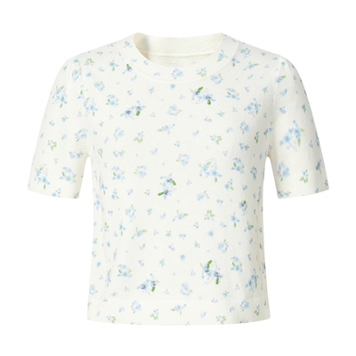 商场同款 摩萨克2026春新款少女风小碎花印花钉珠短袖毛针织衫女